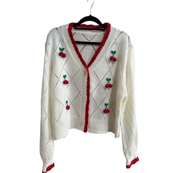 Vintage Sweaters - Women's Cherry Embroidered Cream Cardigan L/XL